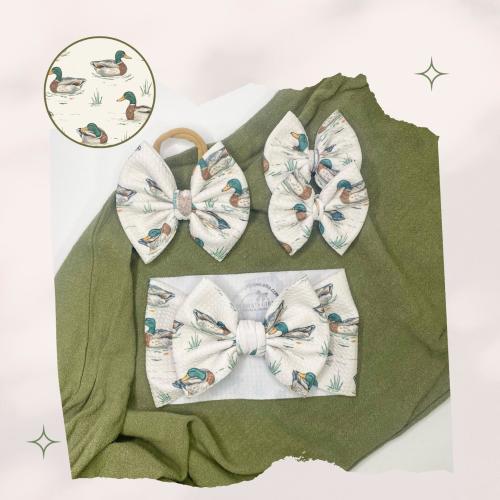 MALLARD DUCKS. Animal Hair Bows. Headwraps, Bow on Nylon, Clips, Piggies. Classic & Shredded. Micro Preemie. Newborn. Infant. Baby. Toddlers