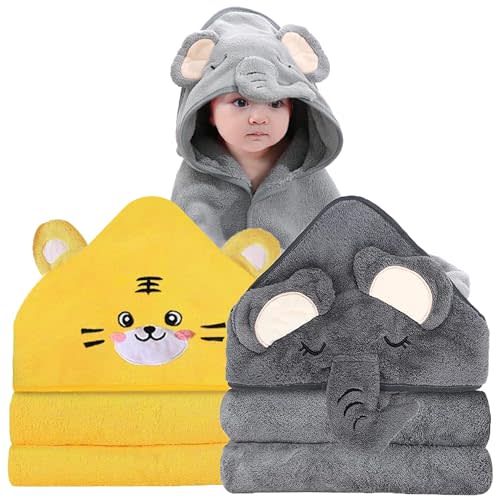 ROXANEPIG 2 Pack Hooded Baby Towels for Newborn, Baby Bath Towel with Hood for Babies, Infant, Toddler and Kids, Soft and Absorbent Newborn Essential(Elephant & Tiger)