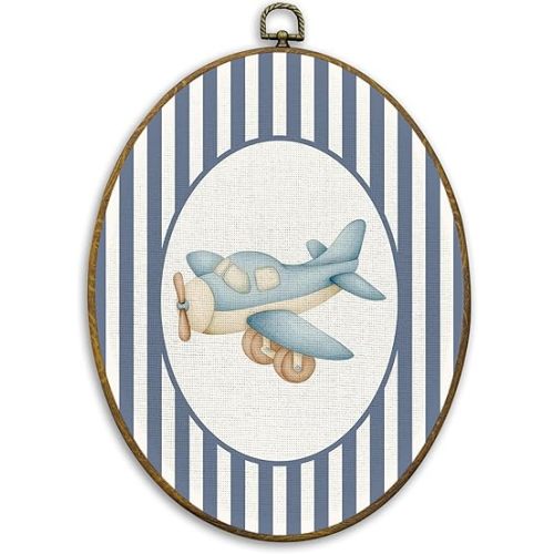CUANFDDSF Airplane Nursery Oval Wall Art Decor, Kids Room Wall Hanging Decor, Blue Striped Airplane Vehicle Framed Canvas Prints for Kids Toddler Boy Nursery Room Bedroom Playroom, 8.6x11.4 Inch