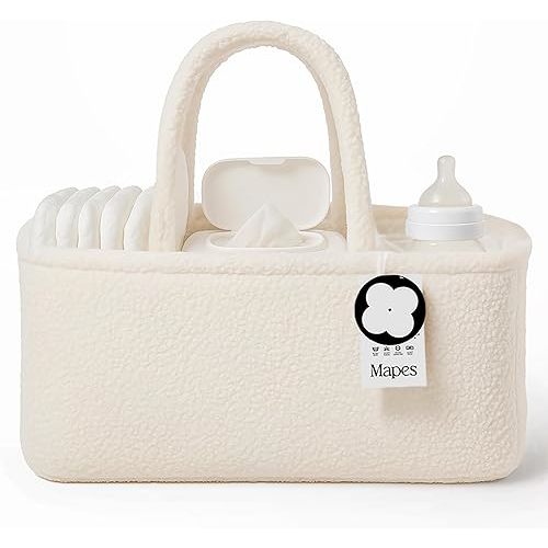 MAPES Canadian Baby Diaper Caddy Organizer - Elegant Soft Sherpa Basket, Minimalist Portable Storage for Diapers, Wipes and Baby Stuff, Nursery Organizer Holder Tote Bag, Best Gift for Baby Shower