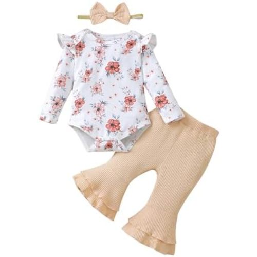 SUNNY PIGGY Baby Girl Clothes Ruffle Short Sleeve Romper Long Pants Set with Headband Newborn Infant Outfits