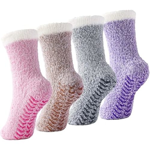 Fuzzy Socks for Women with Grippers - Slipper Socks Grippy, Cozy Non-Slip Socks for Women, Warm Winter Comfy Fluffy Sleep House Sock s 4 Pairs