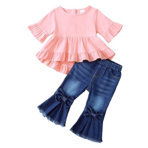 Kucnuzki Toddler Baby Girls Clothes Short Sleeve Shirt Top Flare Denim Jeans 2 Piece Outfits For Girls Cute Clothing Set