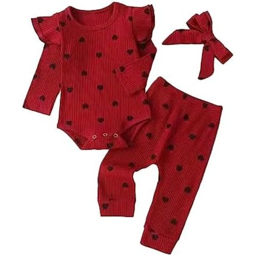 Newborn Baby Girls Clothes Love Prints Ribbed Romper Bodysuit Pants Headband 3PCS Set Fall Winter Outfits