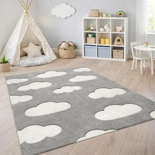 Paco Home Modern Kids Rug with Clouds in Grey Pastel for Nursery, Size: 5' x 7'