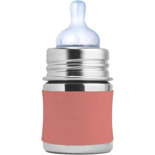 Pura Kiki 5oz/150ml Stainless Steel Anti-Colic Infant Bottle w/Silicone Natural Vent Nipple & Sleeve, 100% Plastic-Free, MadeSafe Certified, Medical-Grade Silicone - Rose Sleeve