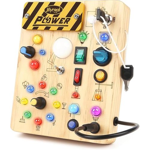 Montessori Busy Board Wooden Sensory Toys for Toddler with LED Light Up Switch, Baby Fidget Board Travel Toys for 18+ Months, Boys Girls Birthday, Medium