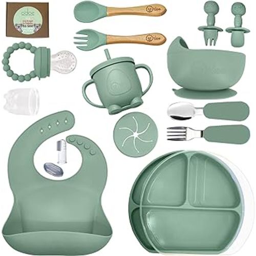 O'doe 11-Pcs Silicone Baby Feeding Set – Baby Led Weaning Supplies with Suction Plates for Toddlers, Baby Plates and Bowls Set (Green, V2)