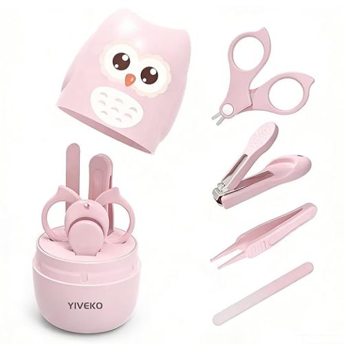 Baby Nail Kit, 4-in-1 Baby Nail Care Set with Cute Case, Baby Nail Clippers, Scissors, Nail File & Tweezers, Baby Manicure Kit and Pedicure kit for Newborn, Infant, Toddler, Kids-Owl Pink