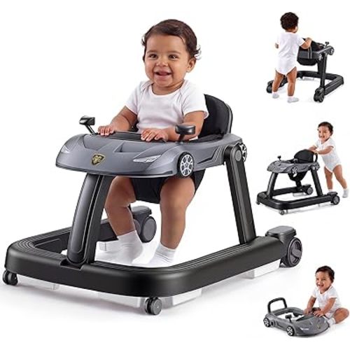 4-in-1 Baby Walker, Foldable Activity Walker with Adjustable Height and Speed, Music, Removable Activity Tray, Anti-Slip Protection, Baby Walker with Wheels for Boys Girls 6-18 Months (Grey)