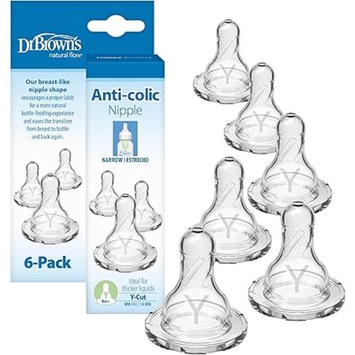 Dr. Brown’s Natural Flow Y-Cut Narrow Baby Bottle Silicone Nipple, Ideal for Thicker Liquids, 9m+, 100% Silicone Bottle Nipple, 6 Count