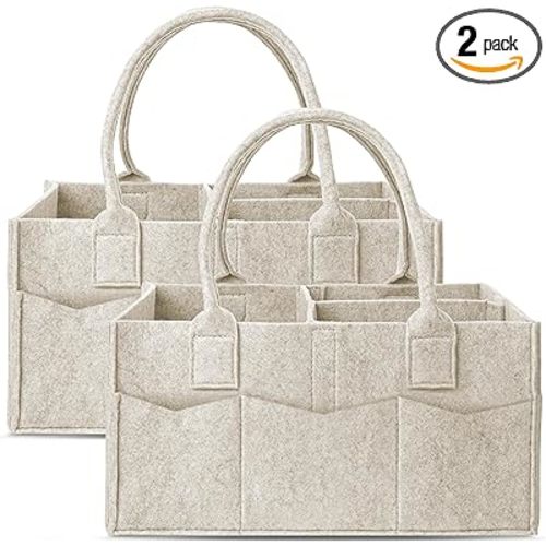 Cute Castle 2 Pack Diaper Caddy Organizer - Portable Baby Caddy Organizer with Handle, Nursery Storage Bin and Car Organizer for Girls, Boys - Baby Gift Basket - Oatmeal