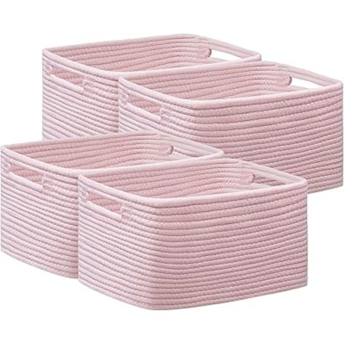 UBBCARE 4 Pack Storage Basket for Shelves, Woven Baskets for Organizing, Durable Organizer Baskets Storage Bins for Bookshelf, Toys, Towels, Clothes, 13''Lx9''Wx7.5''H, Pink