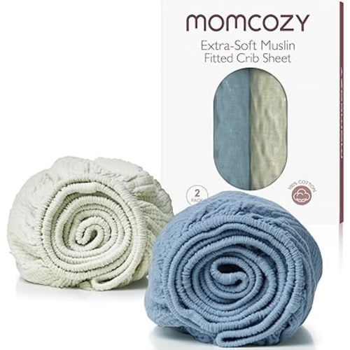Momcozy Muslin Standard Fitted Crib Sheets, 52"x28", 2 Pack Soft Breathable Natural Cotton Baby Mattress Sheet, 360° Mattress Wrapping No Slip Boys Girls Neutral Toddler Bed Sheet, Sky Blue Grey