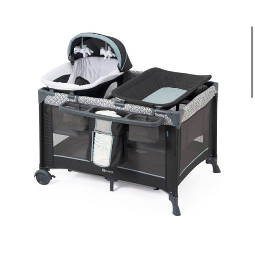 5 in 1 Multifunctional Pack and Play,Qutanix Foldable Baby Crib with Bassinets,Changing Table,Newborn Napper with Canopy,Diaper Stacker,Baby Playpen for Babies and Toddlers