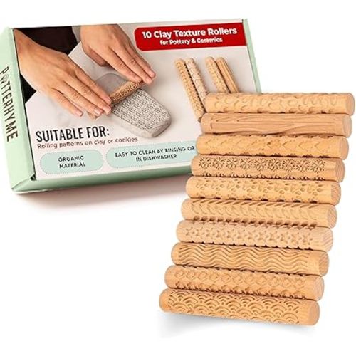 10pcs Wooden Clay Texture Rollers Set for Pottery & Ceramics - Potters Stamp Roller Tools for Ceramic Slabs - Textured Rolling Pins for Modeling, Painting & Glaze Design - Mold Slab Stamps