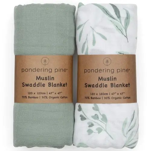 Organic Baby Muslin Swaddle Blankets for Boy or Girl - Eucalyptus Leaves and Sage Swaddling Blanket 2 Pack - Soft Muslin, XLarge and Breathable, Boho Baby, 47" X 47"