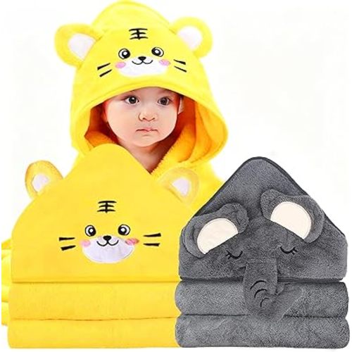 2 Pack Hooded Baby Towels - Premium Ultra Soft Organic Baby Bath Towel – Absorbent and Hypoallergenic Towels for Baby Boy Girl, Toddler, Newborn Essentials (Elephant & Tiger)