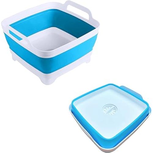 Collapsible Wash Basin 9L, Foldable Dish Tub with Drain Plug, Portable Collapsible Dish Basin, Camping Sink for Washing Dishes, Laundry & Kitchen Use (Blue)