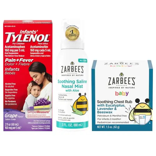 Tylenol and Zarbee’s Baby Essentials Bundle for Infants: Infants Acetaminophen Liquid Medicine, Zarbee's Baby Soothing Nasal Spray, and Zarbee's Baby Soothing Eucalyptus & Lavendar Chest Rub
