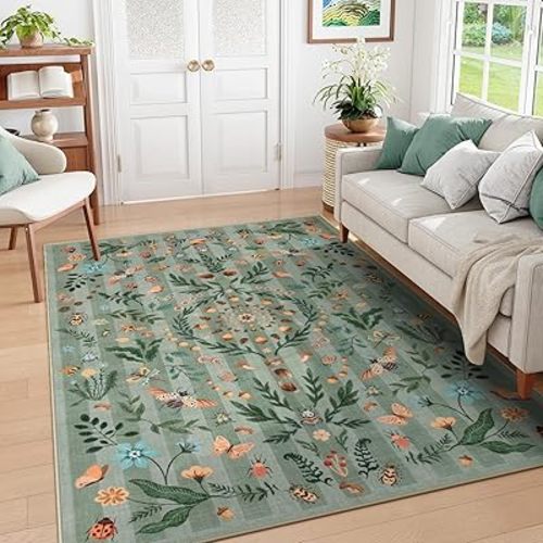 Lahome Insect Botanical Washable Green 6x9 Area Rugs for Living Room, Non Slip Rugs for Bedroom, Boho Indoor Throw Dining Room Rugs for Under Table Carpet for Home Office Playroom(Green,6x9)