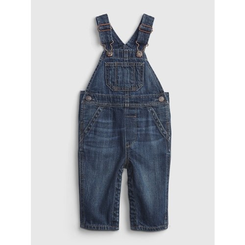 Baby 100% Organic Cotton Denim Overalls with Washwell in dark wash, size: 12-18 M