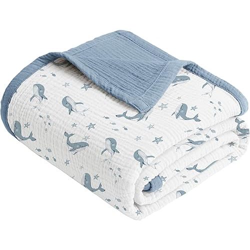 Konssy Muslin Baby Blankets, 100% Cotton Quilt Blankets for Baby Infant Toddler, Soft and Lightweight Nursery Crib Blanket for Baby Boys and Girls 43"x40" (Blue Whale)