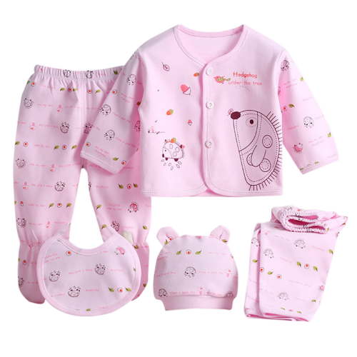 Splozh Infant Layette Set Girl Unisex Baby Layette Must Haves Gift Set Clothing Set 5 Piece Tops+Hat+Pants+Bib for Newborn Baby Pink,0-3 Months