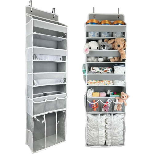 Door Hanging Storage Organizer,with 3 Bins 1 Movable Baby Diaper Caddy,1 Large capacity diaper stacking storage Organizer,10 Side Pockets ,Bedroom Door Storage for Nursery Baby Essentials.Grey 1 Pack.