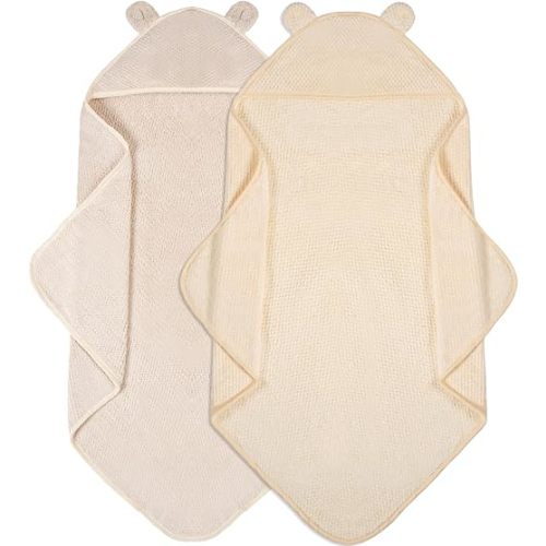 Baby Hooded Towel 2 Pack Bath Towels for Newborn with Animal Design Shower Essentials for Baby Girl Boy and Toddler (Beige & Camel, Medium)