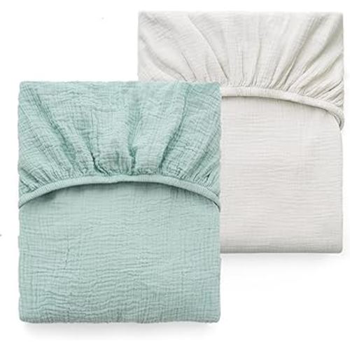 Momcozy Muslin Standard Fitted Crib Sheets, 52"x28", 2 Pack Soft Breathable Natural Cotton Baby Mattress Sheet, 360° Mattress Wrapping No Slip Boys Girls Neutral Toddler Bed Sheet, Green Grey