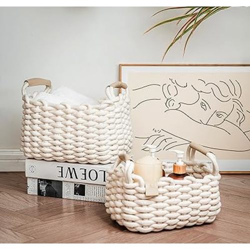 2 Pack nursery basket set, Cotton Rope Foldable Baskets, Hand Woven cube Storage bins for Jewelry, Remote, Fruits, cute soft fabric basket, Shelf storage basket(Off-White)