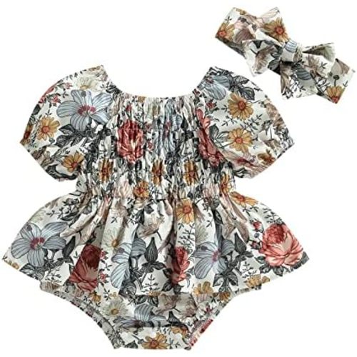 Newborn Infant Baby Girls Romper Dress Fruit/Flower Pattern Short Sleeve Ruched Jumpsuit Onesie Clothes Headband