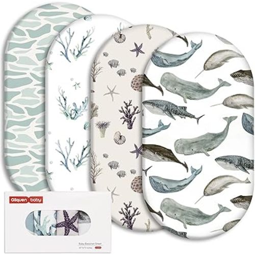 Gllquen Baby Bassinet Sheets 4 Pack, Breathable Cozy Fitted Mattress Sheet, Elastic Travel Crib Fashionable Floral Pattern, Standard Cradle Safe Sheets for Baby Boy Girls 32"X16" (Marine)