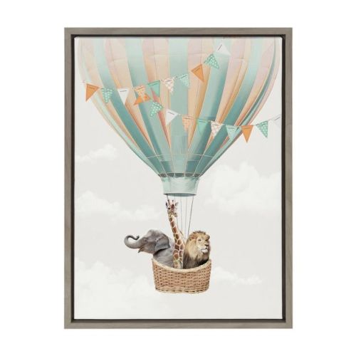 Kate & Laurel All Things Decor 18"x24" Sylvie Hot Air Balloon Travel Framed Canvas Wall Art: Whimsical Nursery Decor, Vertical Layout