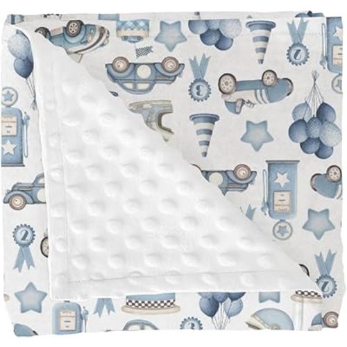 Watercolor Blue Racing Baby Blankets for Boy Blue Racecar Balloon Stars Cake Soft Mink Dotted Backing Double Layer Swaddle Blanket Vintage Racing Car Bed Throw for Newborn Infant Toddler Nursery 30x40