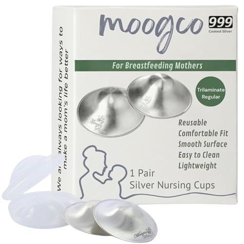 MOOGCO The Original Silver Nursing Cups - Nipple Shields for Breastfeeding Newborn - Breastfeeding Essentials - 999k Tri-Laminate Silver Nipple Covers (Regular Size, Set of 2)