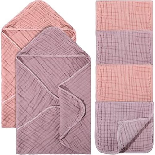 6 Pcs Baby Muslin Hooded Bath Towels and Washcloths, 32 x 32 Inch Muslin Cotton Hooded Baby Towels Absorbent Hooded Blankets for Gift Newborn Infant Baby Shower (Pink,Rose)
