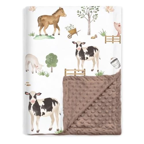 BOPRIO Baby Blankets for Boys Girls, Soft Lightweight Nursery Minky Blankets with Double Layer Dotted Backing for Infant Toddler Nursery Crib with Cute Farm Animals Design 30 x 40 Inch