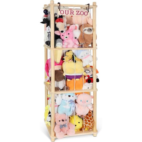 Extra Large Stuffed Animal Storage for Corner Organizer,Premium Wooden Material with Elastic Cord Hold Up to 200 Plush Toys,Stuffed Zoo Animal Holder and Collection for Playroom-Birthday