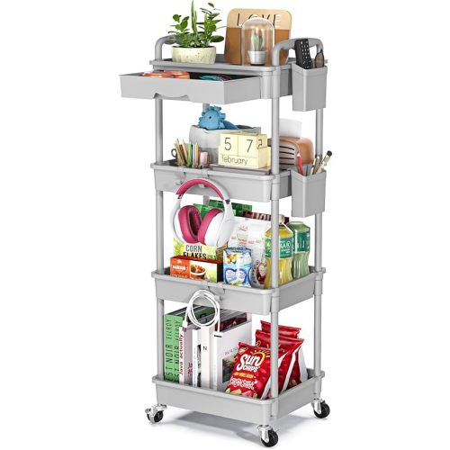 4 Tier Rolling Utility Cart with Drawer, Utility Storage Organizer with Plastic Shelf & Lockable Wheels Multifunctional Storage Cart for Kitchen, Bathroom, Office, Living Room, Gray