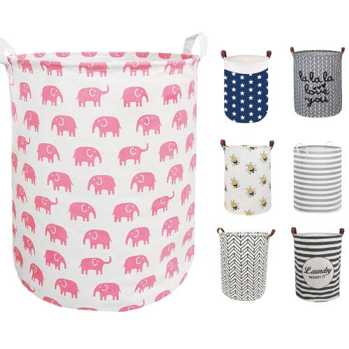 "EVNELE Large Pink Elephant Laundry Basket, Collapsible Waterproof Canvas Hamper, 19.7""x15.7"