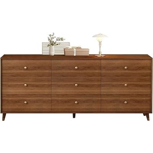 9 Drawer Dresser For Bedroom, 63 Inch Dresser for Closet with Walnut Frame, Modern Solid Wood Chest of Drawers with Natural Texture & Pre-Embedded Slots For TV Stand, Living Room, Hallway, Office