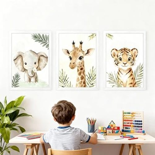 3 Set Safari Nursery Wall Decor, 11x16 Inch Framed Cute Giraffe Elephant Tiger Print Sign, Jungle Theme Cartoon Animal Wall Art for Baby Girl Boy Room Decoration, White