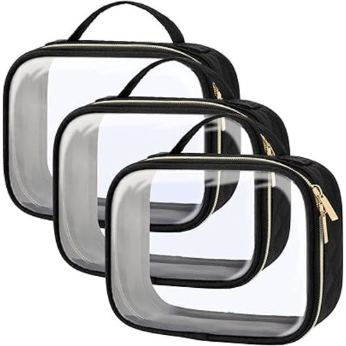 PACKISM TSA Approved Toiletry Bag, 3 Pack Clear Makeup Bags with Handle Large Opening, Clear, Fit Carry-on Travel Essentials, Quart-sized Clear Travel Bags, Black