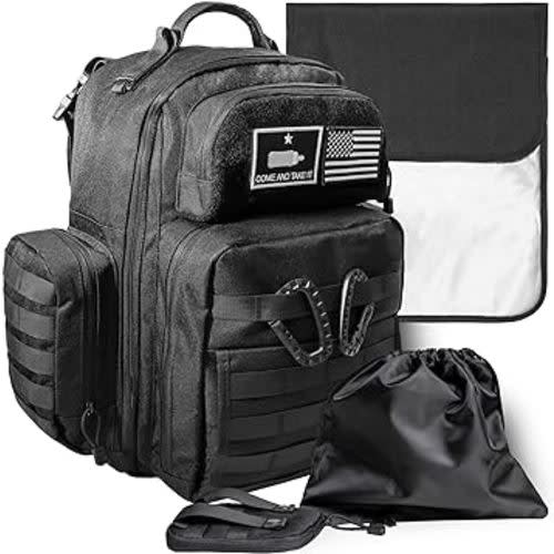 Dad Diaper Bag - Molle-Style Military Diaper Backpack Made of Rugged 900D Waterproof Polyester with Wider Extra-Long Straps, Pouch for Dirty Diapers, Baby Wipes Dispenser & Insulated Bottle Pockets
