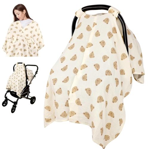 Car Seat Cover Baby Girls Boys, Summer Cotton Baby Car Seat Cover for Carseat, Comfortable Muslin Nursing Cover, Soft Baby Blanket, Breathable Lightweight Infant Stroller Canopy, Cute Bear