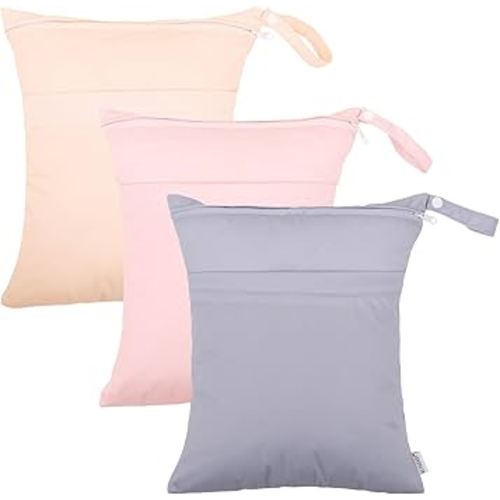 ALVABABY 3pcs Cloth Diaper Wet Dry Bags Waterproof Reusable with Two Zippered Pockets Travel Beach Pool Daycare Soiled Baby Items Yoga Gym Bag for Swimsuits or Wet Clothes 3L-ZM10