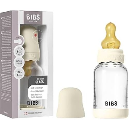 BIBS Boheme Baby Glass Bottle 4 oz /120 ml. Anti-Colic. Round Natural Rubber Latex Nipple. Supports Natural Breastfeeding - Ivory