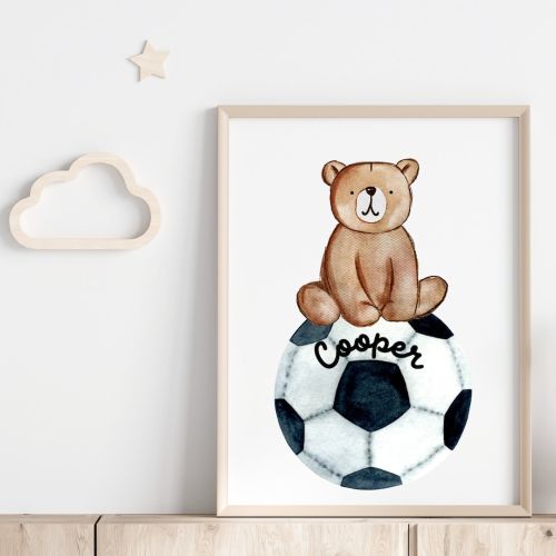 Personalized Woodland Bear on a Soccer Ball wall art print, kids Soccer art print, nursery name sign, baby name sign, sports art, boys art